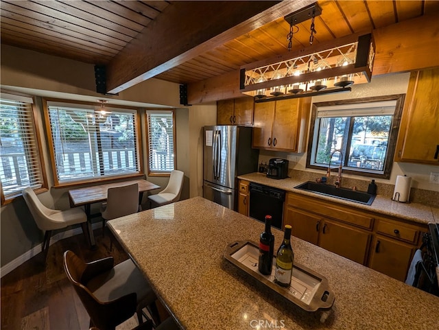 kitchen with wood ceiling, a healthy amount of sunlight, black appliances, and sink