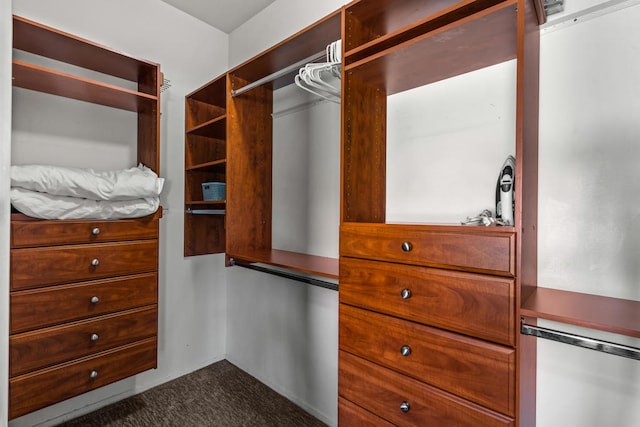 walk in closet featuring dark colored carpet