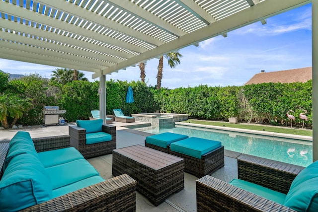 exterior space featuring an in ground hot tub, an outdoor living space, grilling area, and a pergola