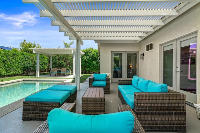 view of patio featuring a pergola, french doors, and outdoor lounge area