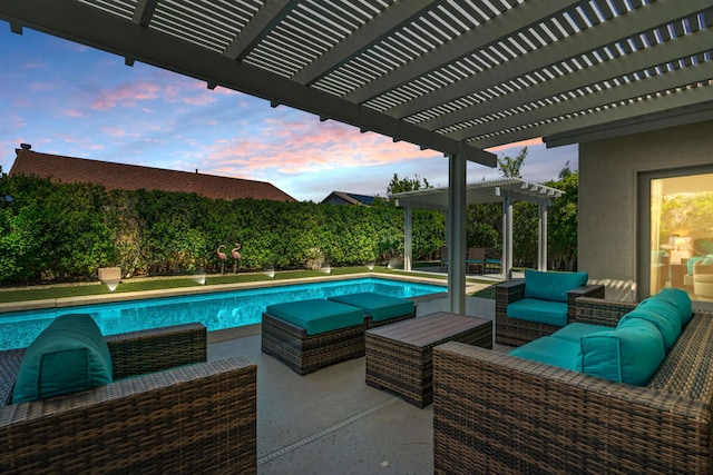 pool at dusk featuring an outdoor living space and a pergola