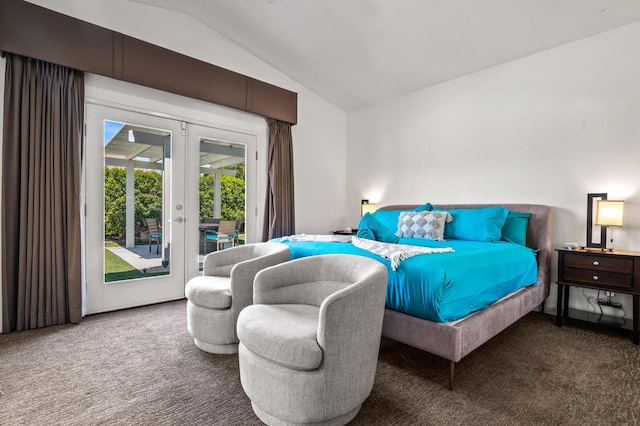 bedroom featuring french doors, vaulted ceiling, carpet floors, and access to exterior