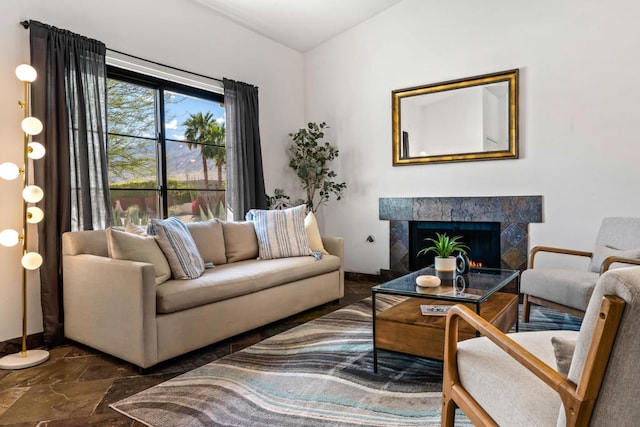 living room with a fireplace