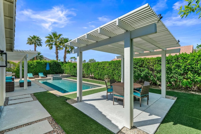 view of pool featuring an in ground hot tub, a yard, a patio, an outdoor hangout area, and a pergola