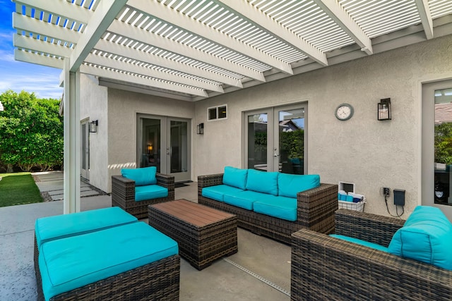 view of patio featuring a pergola, french doors, and an outdoor hangout area