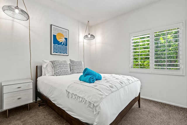 bedroom with dark carpet