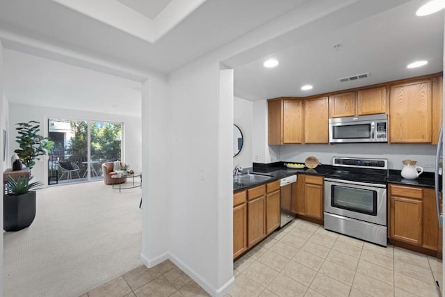 kitchen featuring light colored carpet, sink, and stainless steel appliances