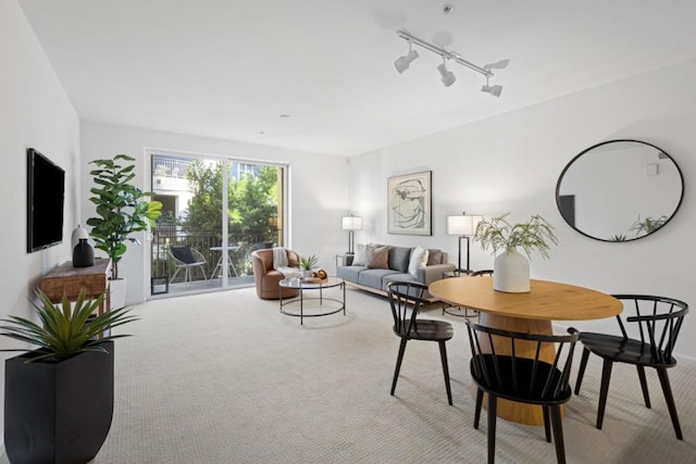 living room with light colored carpet and track lighting