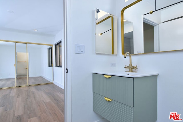 bathroom with hardwood / wood-style floors and vanity