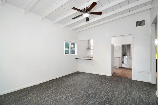 unfurnished living room featuring wood ceiling, high vaulted ceiling, beamed ceiling, and dark carpet