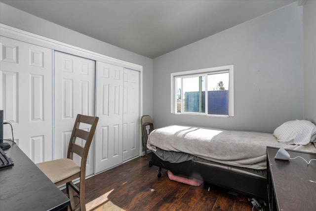 bedroom with dark hardwood / wood-style flooring and lofted ceiling