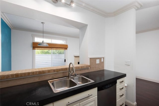 kitchen featuring stainless steel dishwasher, sink, dark hardwood / wood-style floors, white cabinetry, and hanging light fixtures