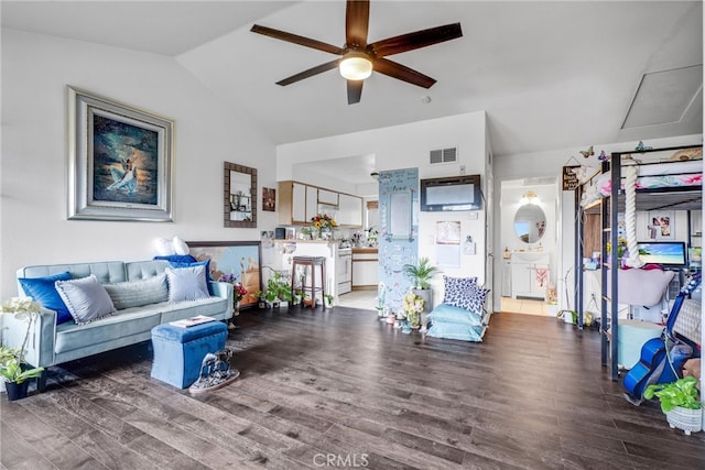 living room with lofted ceiling, dark hardwood / wood-style floors, and ceiling fan