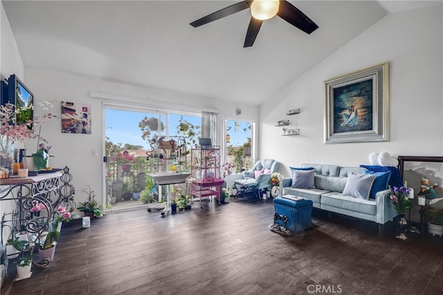 living room featuring ceiling fan, lofted ceiling, and dark hardwood / wood-style floors