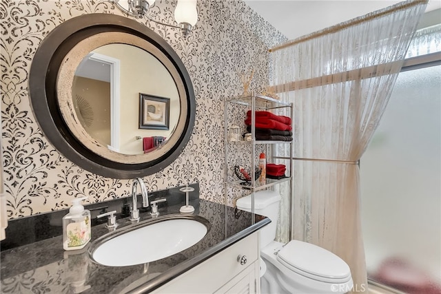 26725 Farrell St, Menifee, CA 92586 - bathroom with wallpapered walls, vanity, toilet, and a shower