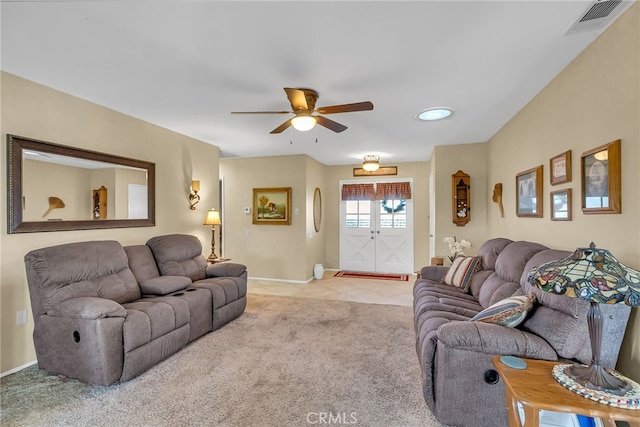 26725 Farrell St, Menifee, CA 92586 - living room featuring light carpet, ceiling fan, and baseboards