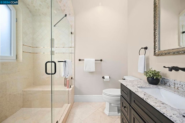 bathroom featuring tile patterned floors, vanity, toilet, and walk in shower