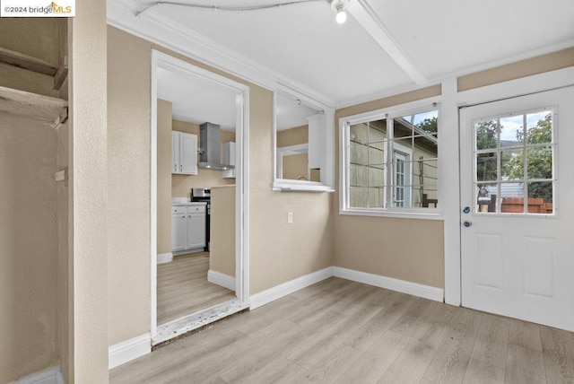 interior space with light wood-type flooring and ornamental molding