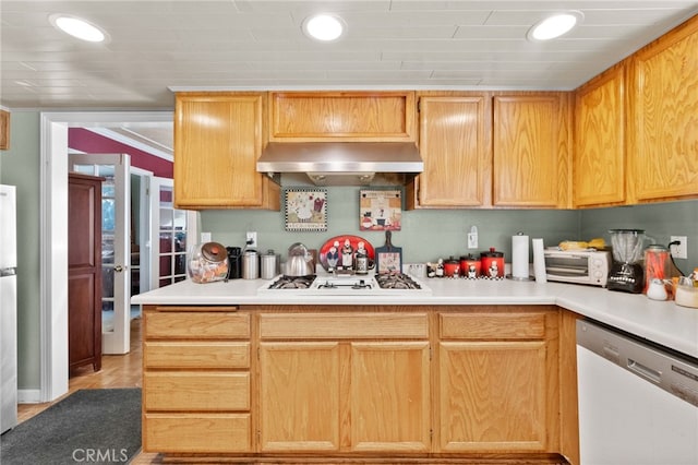 kitchen featuring gas stovetop, dishwasher, light brown cabinets, range hood, and light hardwood / wood-style floors