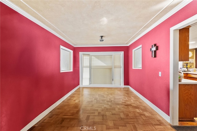 corridor featuring parquet flooring, crown molding, and a textured ceiling