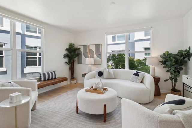 living room featuring light hardwood / wood-style floors and a wealth of natural light