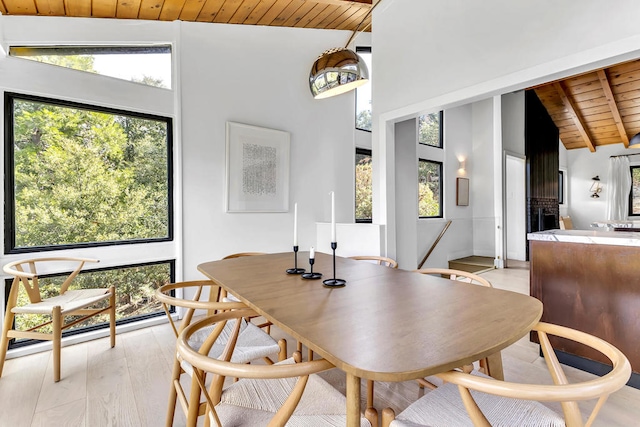 dining room with beamed ceiling, high vaulted ceiling, light wood-type flooring, and wooden ceiling