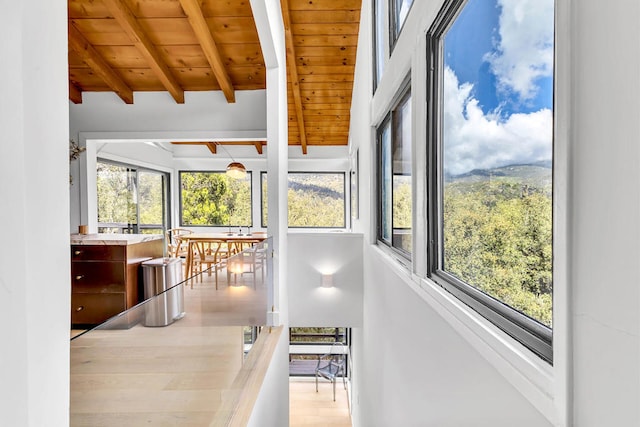 sunroom featuring beam ceiling and wooden ceiling