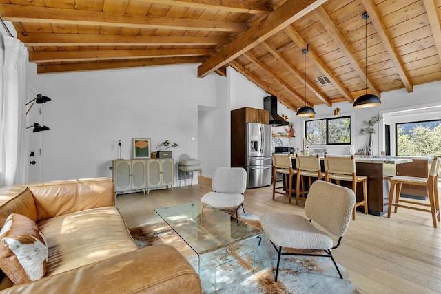 living room with beam ceiling, wood ceiling, high vaulted ceiling, and light wood-type flooring