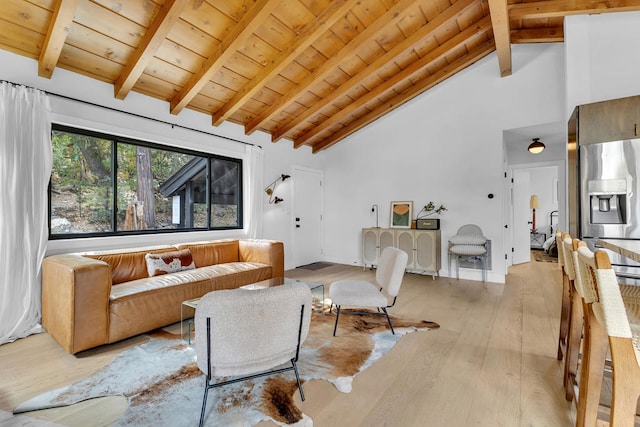 living room featuring light hardwood / wood-style floors, wood ceiling, beam ceiling, and high vaulted ceiling