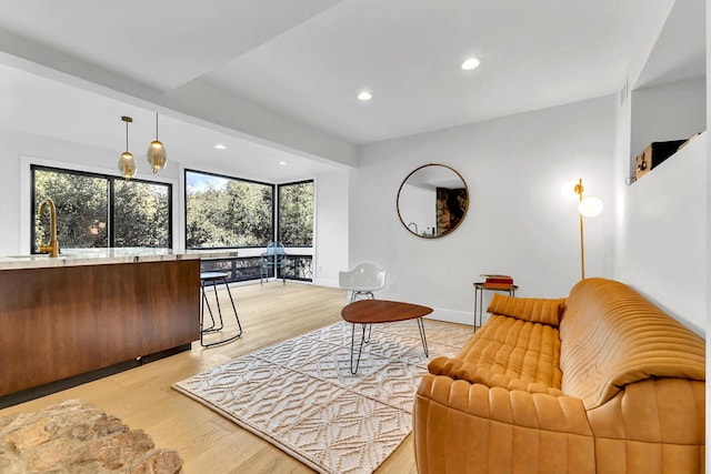 living room with sink and light wood-type flooring