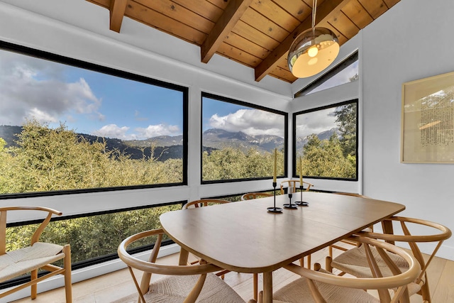 sunroom / solarium with wood ceiling and lofted ceiling with beams