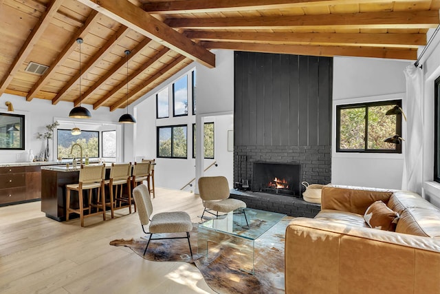 living room with beamed ceiling, light hardwood / wood-style flooring, and a healthy amount of sunlight