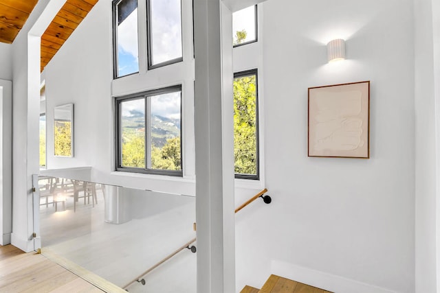 interior space featuring wood ceiling, hardwood / wood-style floors, and high vaulted ceiling