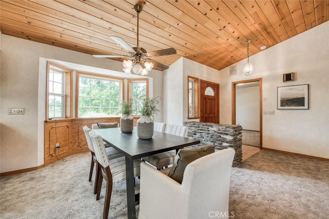 carpeted dining room featuring wood ceiling, lofted ceiling, and ceiling fan