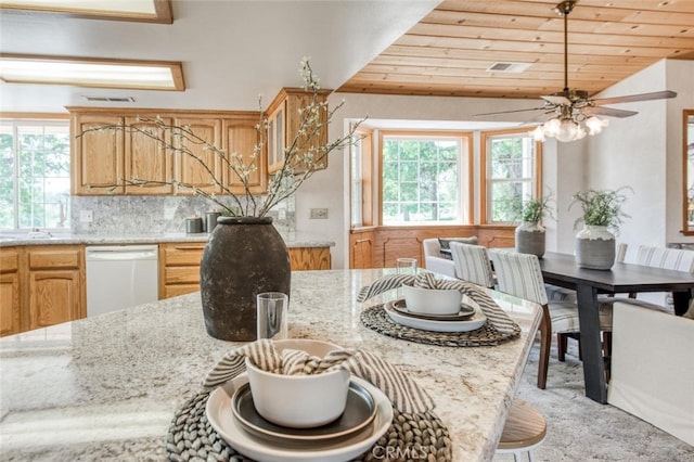 kitchen featuring ceiling fan, backsplash, light stone countertops, wooden ceiling, and dishwasher