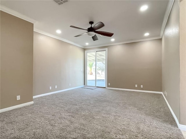 carpeted empty room featuring recessed lighting, ceiling fan, baseboards, and ornamental molding