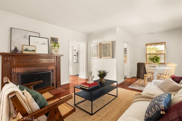 living room featuring wood-type flooring and a fireplace