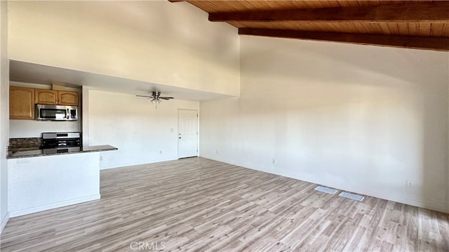 unfurnished living room featuring wood ceiling, ceiling fan, beamed ceiling, high vaulted ceiling, and light hardwood / wood-style flooring