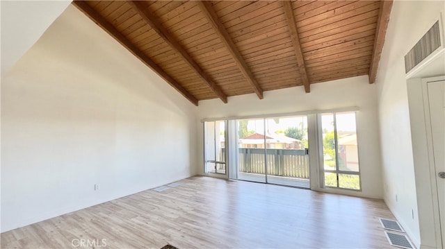 spare room featuring light hardwood / wood-style floors, high vaulted ceiling, wooden ceiling, and beamed ceiling