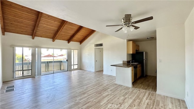 kitchen with vaulted ceiling with beams, light hardwood / wood-style flooring, wooden ceiling, black appliances, and ceiling fan