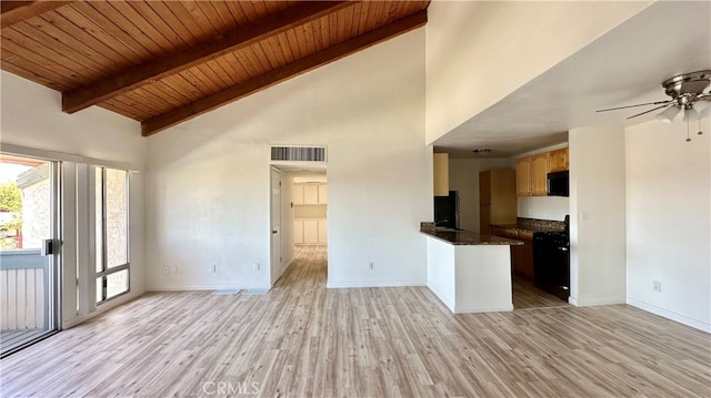 interior space with light hardwood / wood-style floors, wood ceiling, black appliances, and beamed ceiling