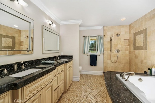 full bathroom featuring toilet, vanity, shower with separate bathtub, and ornamental molding