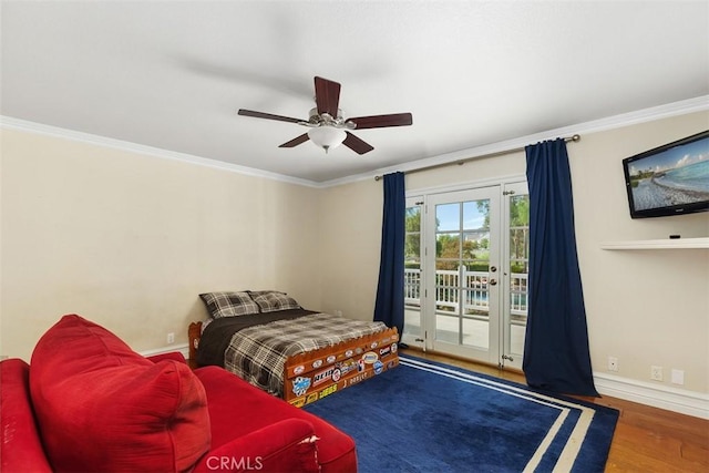 bedroom with access to outside, ceiling fan, crown molding, and dark hardwood / wood-style floors