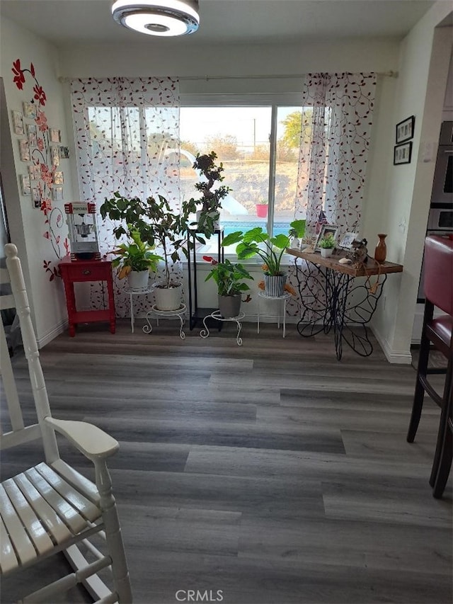 dining space with dark wood-type flooring