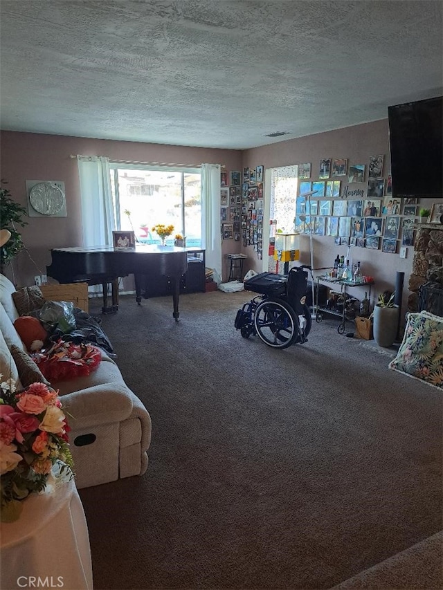 carpeted living room with a textured ceiling