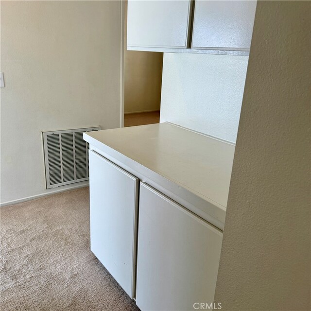 kitchen featuring white cabinetry and light colored carpet