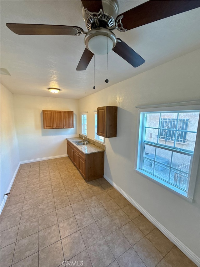 bathroom featuring vanity, tile patterned floors, and ceiling fan