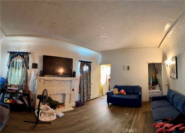 living room with vaulted ceiling and hardwood / wood-style floors