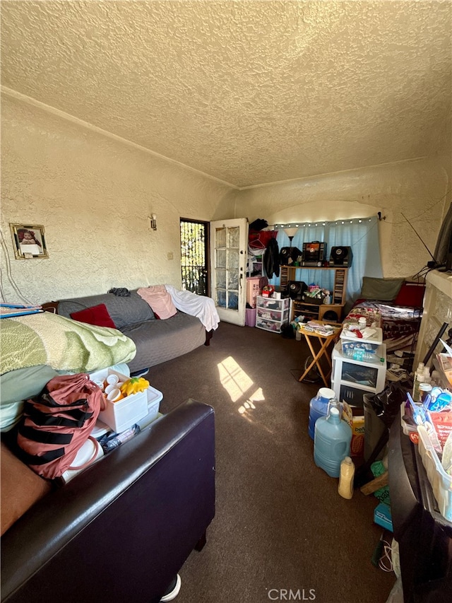 living room with carpet and a textured ceiling