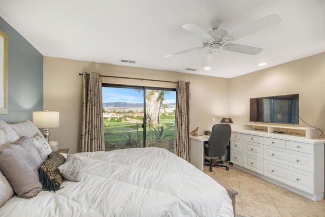 bedroom with access to exterior, ceiling fan, and light tile patterned floors